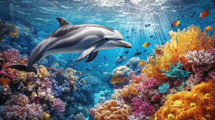 Obraz premium Dolphin swims over vibrant coral reef with colorful fish in sunlit ocean