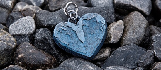 Obraz premium Blue heart pendant rests on grey stones