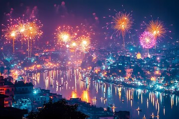 Naklejka premium Vibrant Fireworks Bursting over Illuminated Cityscape Celebrating the Joyous Festival of Diwali