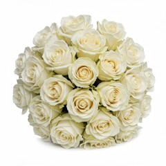 "Capture a delicate bouquet of white wedding roses, arranged in a loose, elegant composition. 
