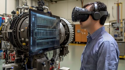 Immersive virtual reality design depicting the inner workings of advanced machine learning processes in a high tech futuristic engineering workshop or laboratory setting