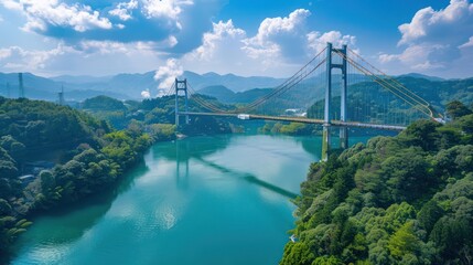 Aerial view of the long suspension bridge that crosses