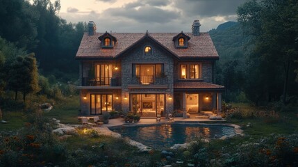 Mountainside villa twilight poolside serenity; nighttime real estate brochure