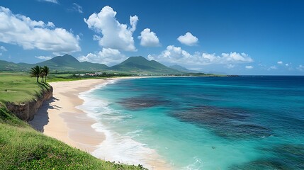Obraz premium Tropical Beach with Mountains and Palm Trees