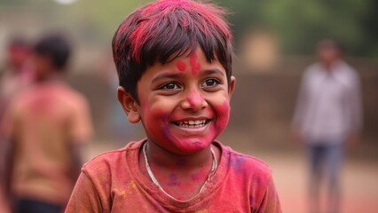 Young Boy Joyfully Celebrating Holi With Vibrant Colors in Traditional Indian Style During the Spring Festival
