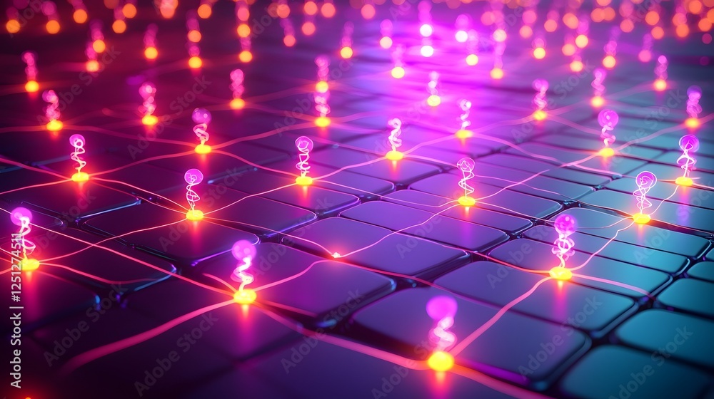 Poster futuristic abstract neural network structure with interconnected glowing nodes in a dynamic colorful