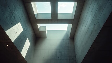 Obraz premium Concrete building, sunlight through skylights, shadows, modern architecture, interior design