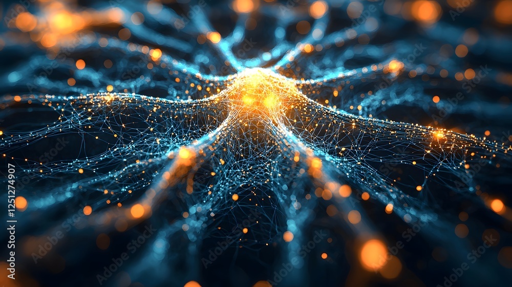 Poster close up view of the intricate web of connections within a futuristic neural network showcasing the 