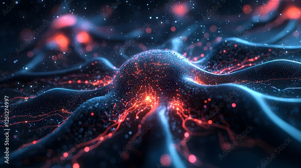 Poster futuristic neural network representation with vibrant flowing colors particles and dynamic patterns 