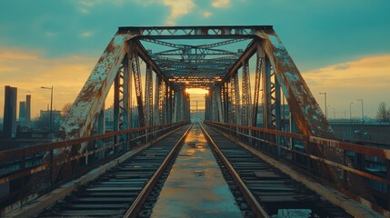 Rusty train bridge sunset urban landscape industrial design