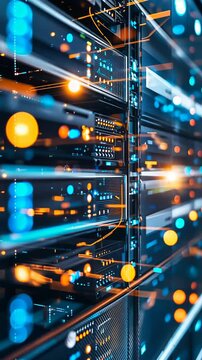 Modern data center technology with illuminated server racks and glowing network connections