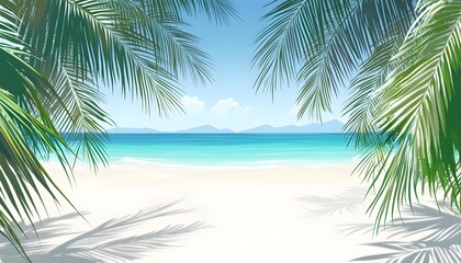 Tranquil Beach Scene Framed by Lush Palm Fronds