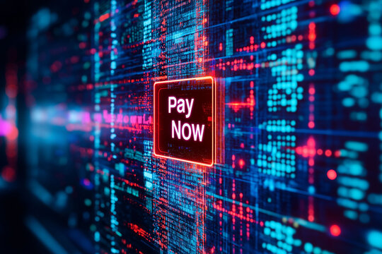 Ransomware breach extortion blackmail. A conceptual image of a ransomware payment button labeled "Pay Now.