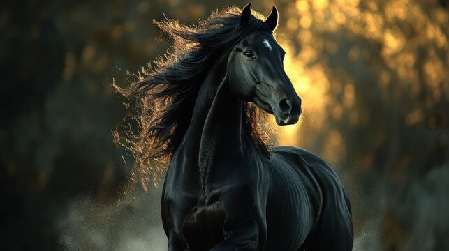 Black stallion running sunset forest nature