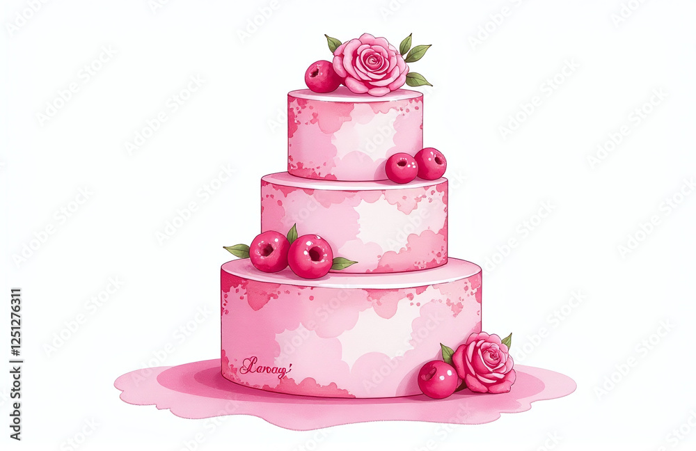 Poster pink watercolor wedding cake isolated on a clean white background creating a visually appealing desi