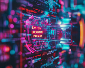 Ransomware breach extortion blackmail. A futuristic AI system affected by ransomware in a cyber context.