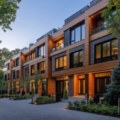 Naklejka premium Modern townhouses, dusk, city street, landscaped, real estate