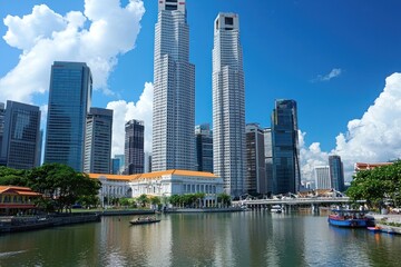 Fototapeta premium Singapore riverfront skyscrapers sunny day boats tourism