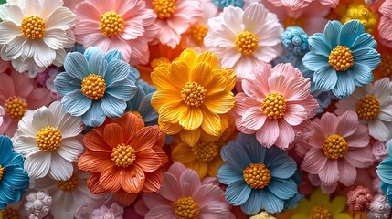 Vibrant and Playful Flower Arrangement Scattered on a Soft Pastel Background with Diffused and Creative Composition for Branding or Design