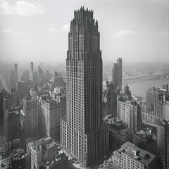 Art Deco skyscraper, aerial city view, New York, vintage photo, urban history