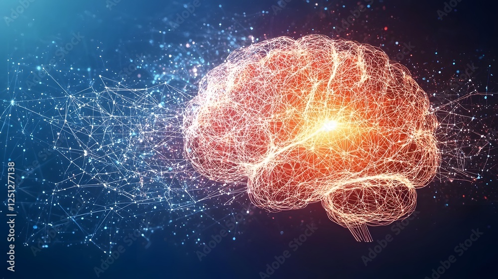 Poster pulsating neural network structure with dynamic light effects visualizing the complex interconnectiv