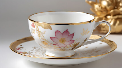 A modern luxurious porcelain teacup & saucer with smooth gold lined edges and stunning soft floral motif on a background.