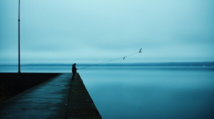 Solitary angler fishing on pier, birds flying, calm lake, moody sky, peaceful scene