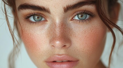 Fototapeta premium Concept of rejuvenating beauty treatments detailed closeup of a female with impeccable skin and minimalist makeup isolated over a white backdrop.