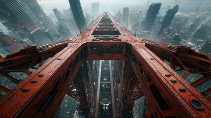 Fototapeta premium Cityscape bridge structure aerial view, foggy urban background, architectural design