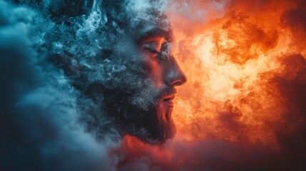 Artistic Representation of a Profile Surrounded by Dramatic Smoke and Fiery Colors, Merging Human Emotions with Abstract Elements in a Surreal Composition