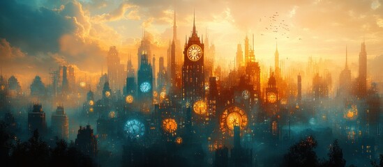 Clockwork City Sunset Fantasy cityscape, golden hour, clock towers, game background