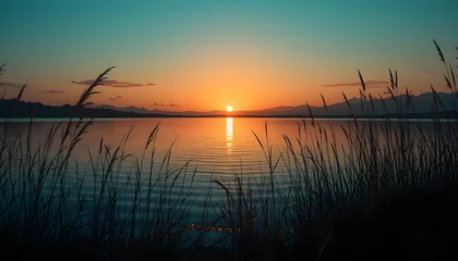 Tableau sur aluminium Paysages A breathtaking sunset over a calm lake, reflecting vibrant orange and blue hues, framed by silhouetted reeds. Perfect for nature lovers and serene landscapes.  © Dwi