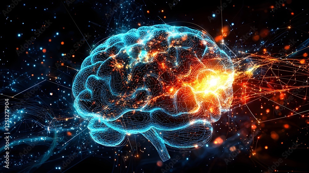 Poster futuristic of a dynamic neural network design with flowing energetic motion and luminous digital con