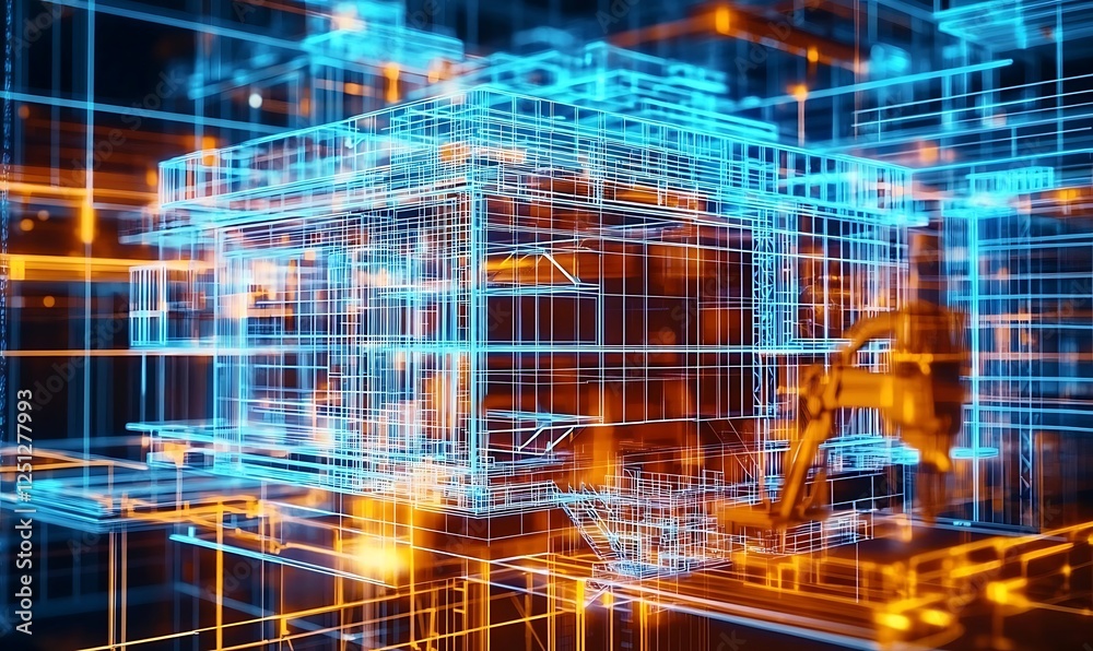 Poster abstract digital twin of construction project showcasing progress material usage and timeline manage