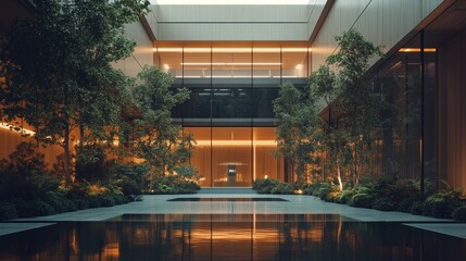 Fototapeta premium Luxurious indoor courtyard garden at dusk, reflecting pool, modern architecture