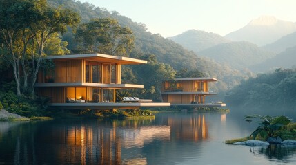 Fototapeta premium Mountain lakefront modern homes sunrise reflection