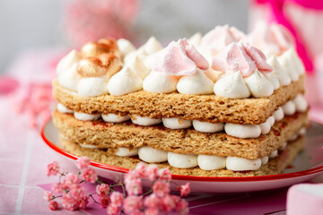 bento cake in the shape of a heart for two lovers, honey cake with buttercream and marshmallows, cake on a plate with hearts, pink gypsophila in a vase with a ribbon, light background, cake on a pink 
