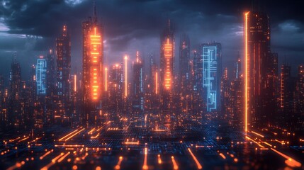 Fototapeta premium Illustration of Upward Growth Arrow and Circuit Technology on Dark Blue Background for Business Investment Success