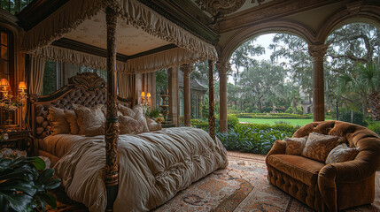 Ornate bedroom with canopy bed, garden view, relaxation and comfort