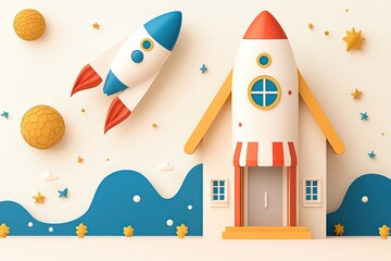 Franchise growth, brand expansion, Dynamic 2D Illustration of Rockets and House in Bright Colors for Growth Themes