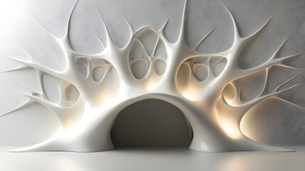 Captivating 3D render of a glowing radiant conceptual neural network structure in a minimalist geometric architectural design  The intricate interconnected shapes create a futuristic technological