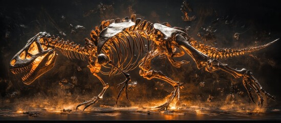Fiery T-Rex skeleton, prehistoric scene, digital art, game asset