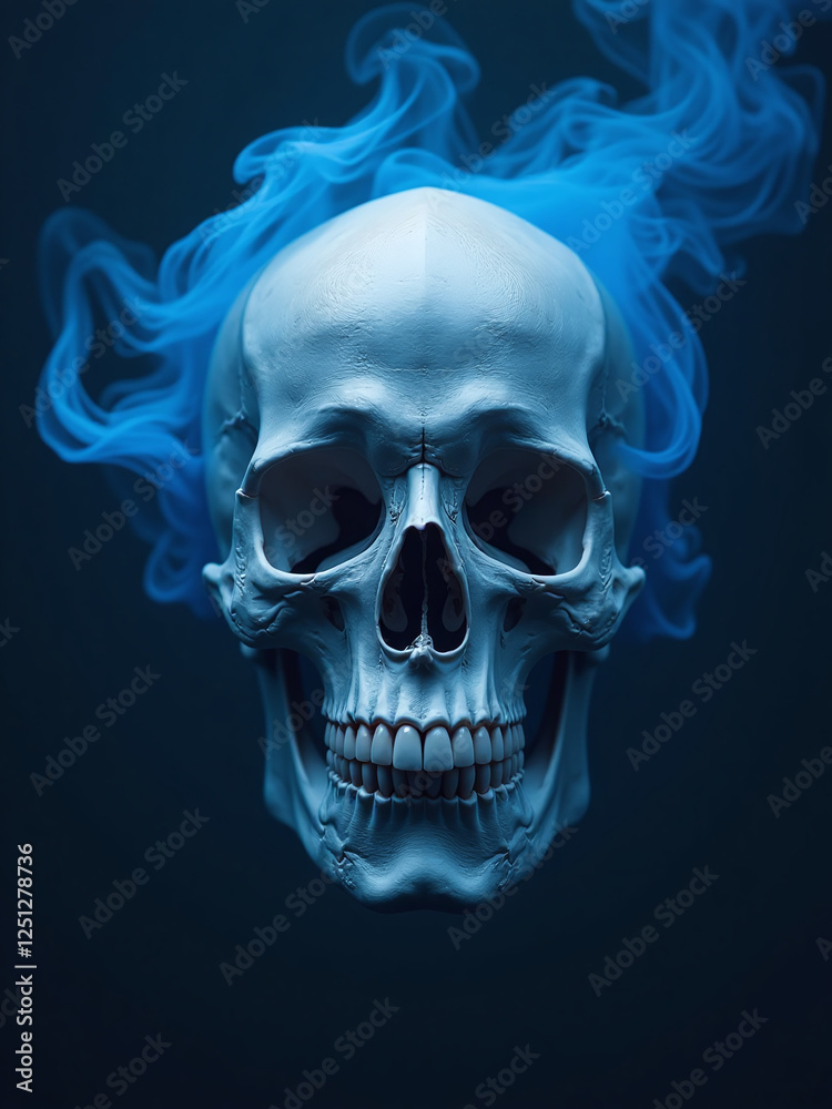 Poster skull surrounded by eerie blue smoke is placed against a dark background providing ample copy space 