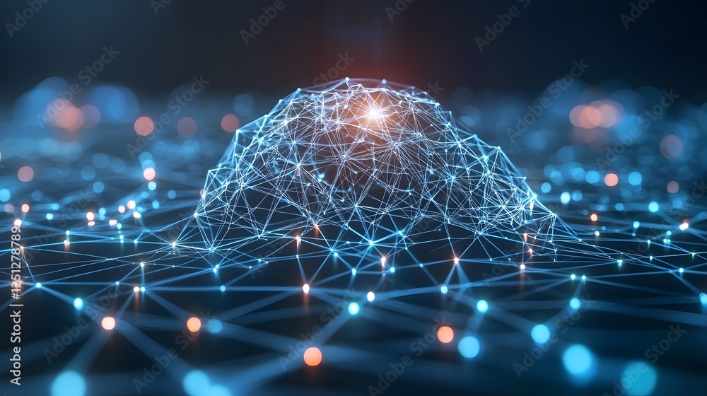 Poster visually stunning 3d of a glowing interconnected neural network interface system within a futuristic