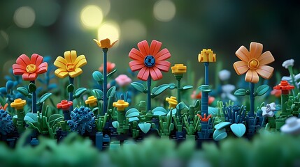 Stunning Flower Garden with Intricate Brick Built Plants Blossoms and Vibrant Aesthetic against a Blurred Background Ideal for Text Overlay or Creative Composition