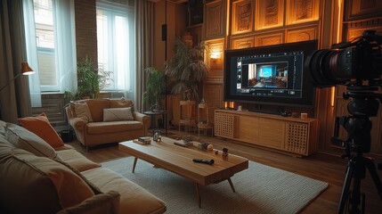 Video editor works in stylish apartment, review on screen, plants & natural light