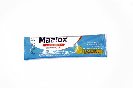 Cairo, Egypt, January 28 2025: Maalox Suspension Sachet Antacid Antiflatulent, Aluminium oxide, Magnesium hydroxide and Simethicone, for Bloating, Flatulence and Hyperacidity Heart Burn, after meals