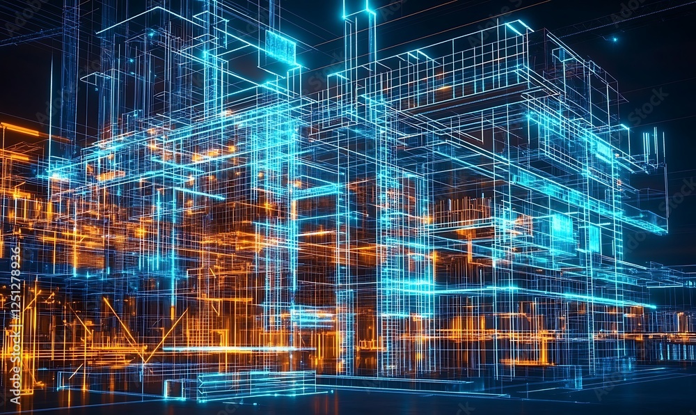 Poster abstract digital twin of construction project showcasing progress material usage and timeline manage