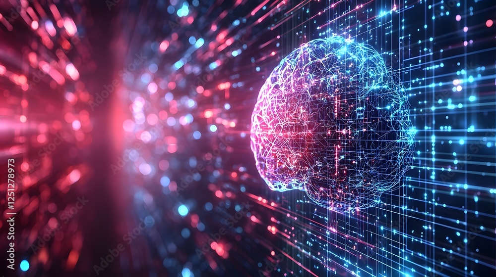Poster stunning 3d rendering of a glowing neural network interface in a dynamic futuristic setting