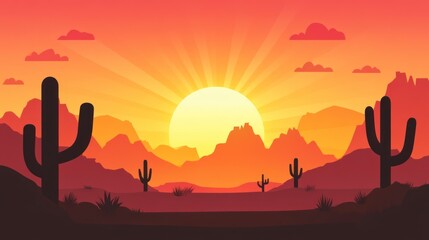 Sunset Desert Landscape With Cacti and Mountains